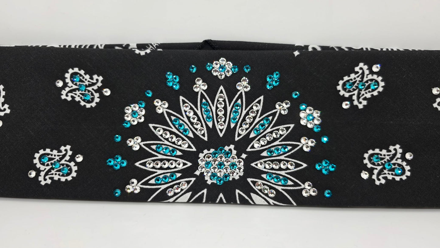 Black Paisley Bandana with Bright Blue and Diamond Clear Austrian Crystals (E6426)