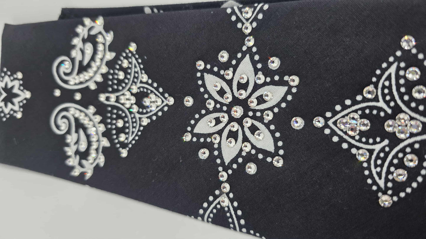 EXTRA BLING - Large Black Flower Bandana with Diamond Clear Austrian Crystals (sku6414)