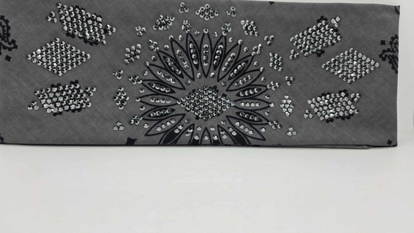 Super LeeAnnette Large Grey Bandana with Black Austrian Crystals (sku40114)