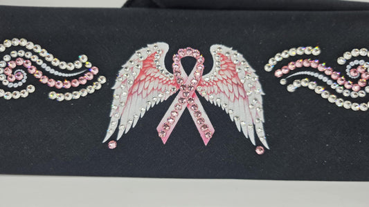 EXTRA BLING - Pink Ribbon with Wings Bandana with Pink and Diamond Clear Austrian Crystals (sku6385)
