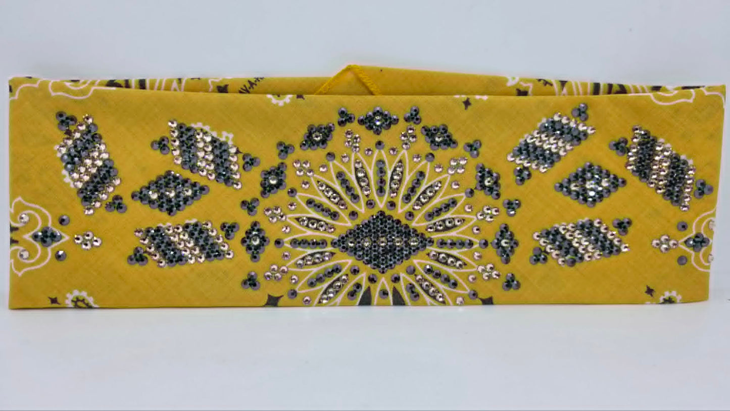 Super LeeAnnette Mustard Paisley Bandana with Black and Honey Austrian Crystals (S48159)