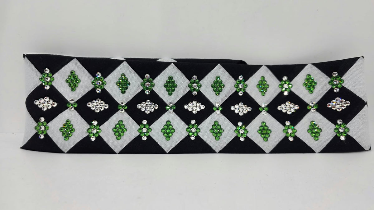 LeeAnnette Black and White Checker Bandana with Green and Diamond Clear Austrian Crystals (L40287)