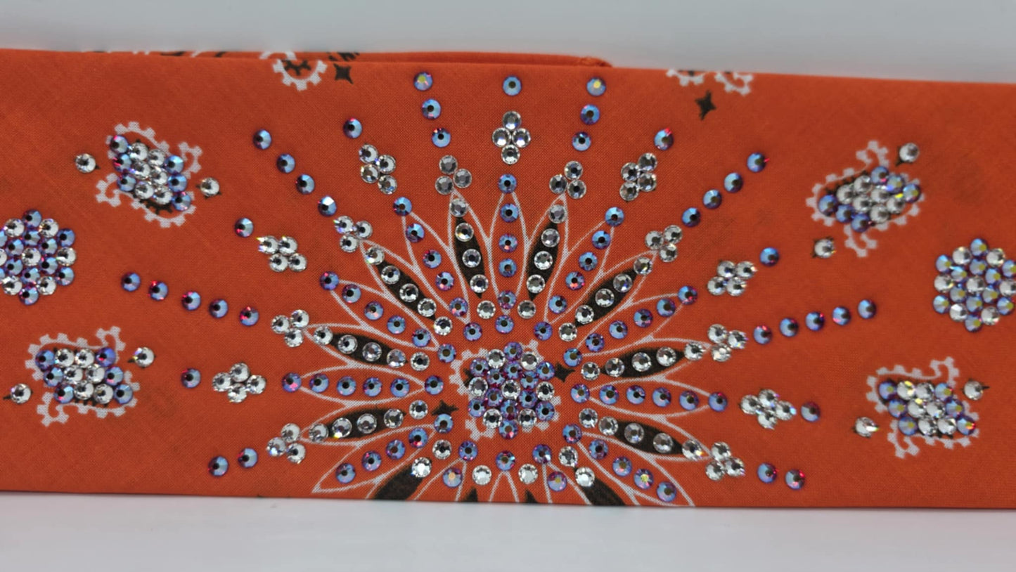 LeeAnnette Orange Paisley Bandana with Red Shimmer and Diamond Clear Austrian Crystals (sku40092)