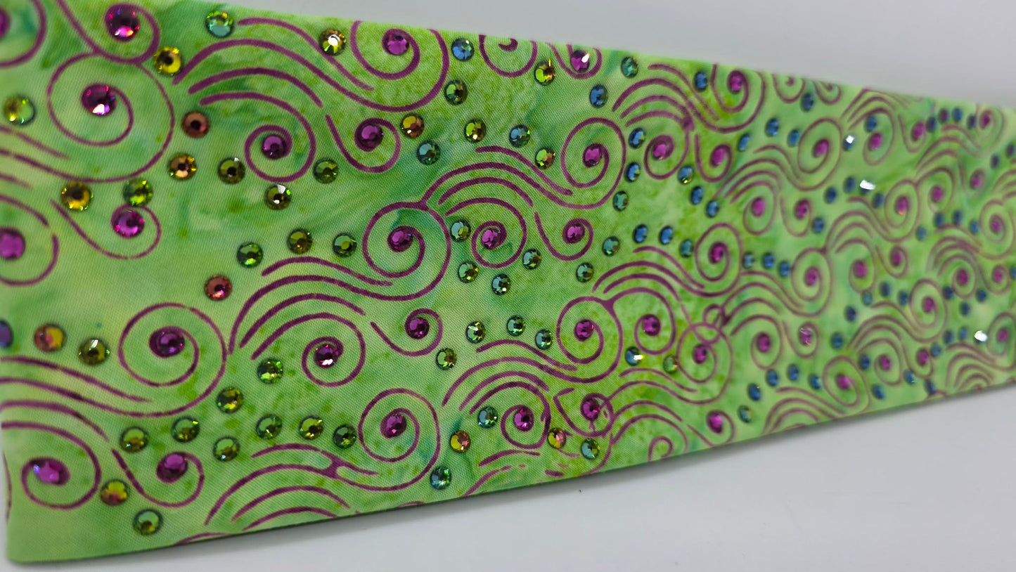 EXTRA BLING - Fuchsia Wisps on Lime Green Bandana with Fuchsia and Vitrail Austrian Crystals (E60111)