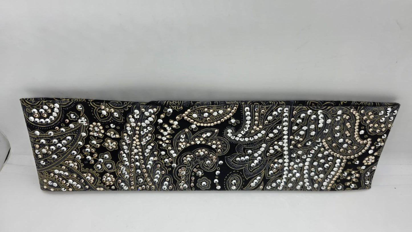 Super LeeAnnette Grey and Gold Paisley on Black Bandana with Chrome and Honey Austrian Crystals (S48127)