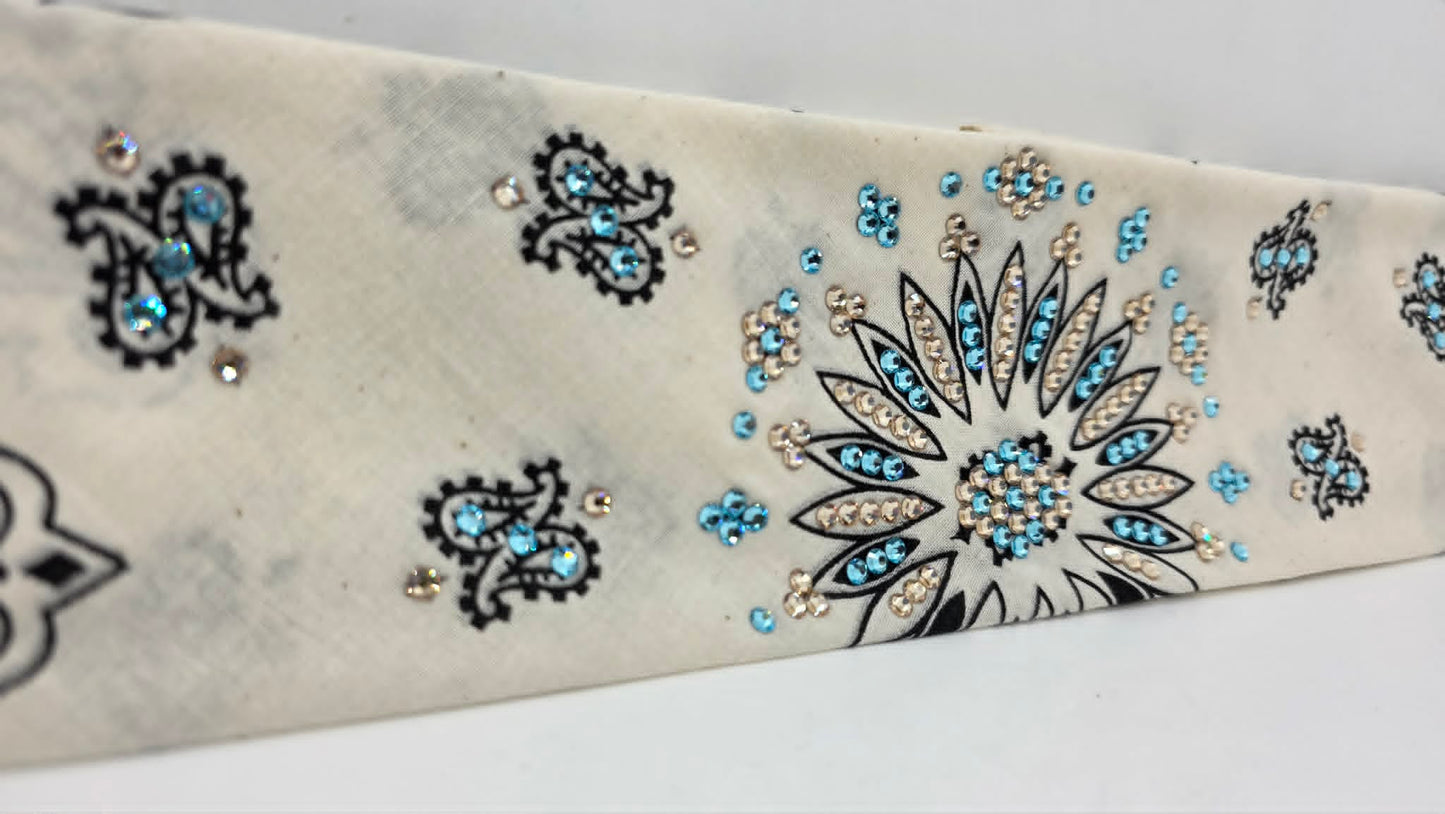 Off White Paisley Bandana with Aqua and Honey Austrian Crystals (E60147)
