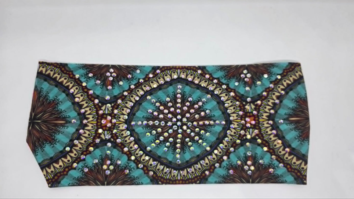 Stretchy Headband Sea Green Medallion with Aurora Borealis Crystals (Sku5473)