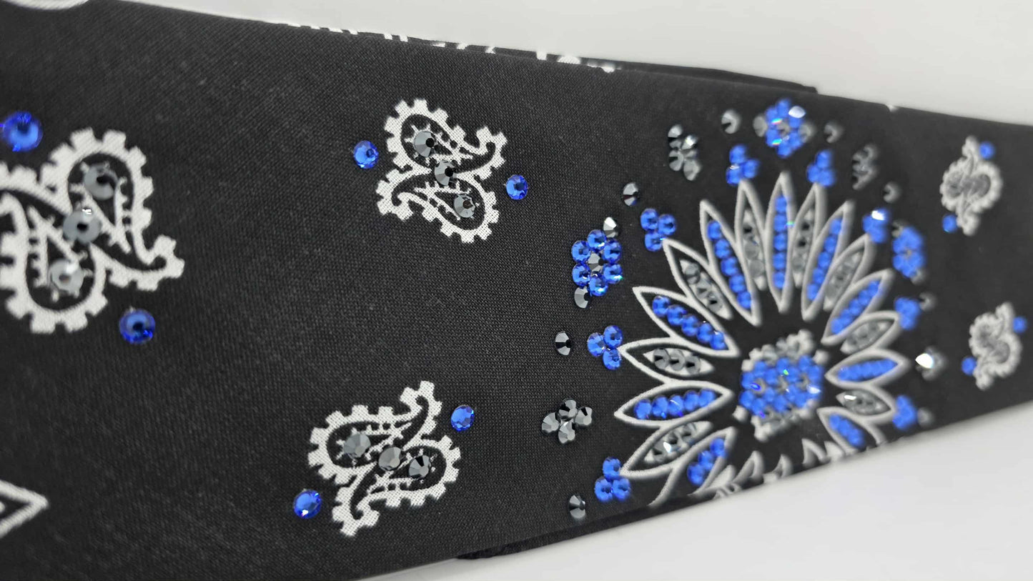 EXTRA BLING - Black Paisley Bandana with Sapphire and Black Austrian Crystals (sku6421)