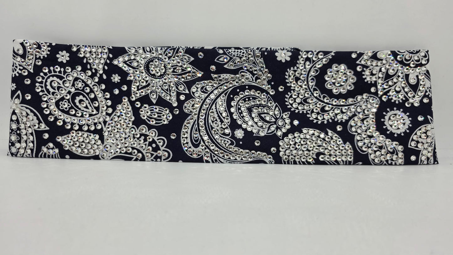 Super LeeAnnette White on Blue Paisley Bandana with Diamond Clear Austrian Crystals (S48150)