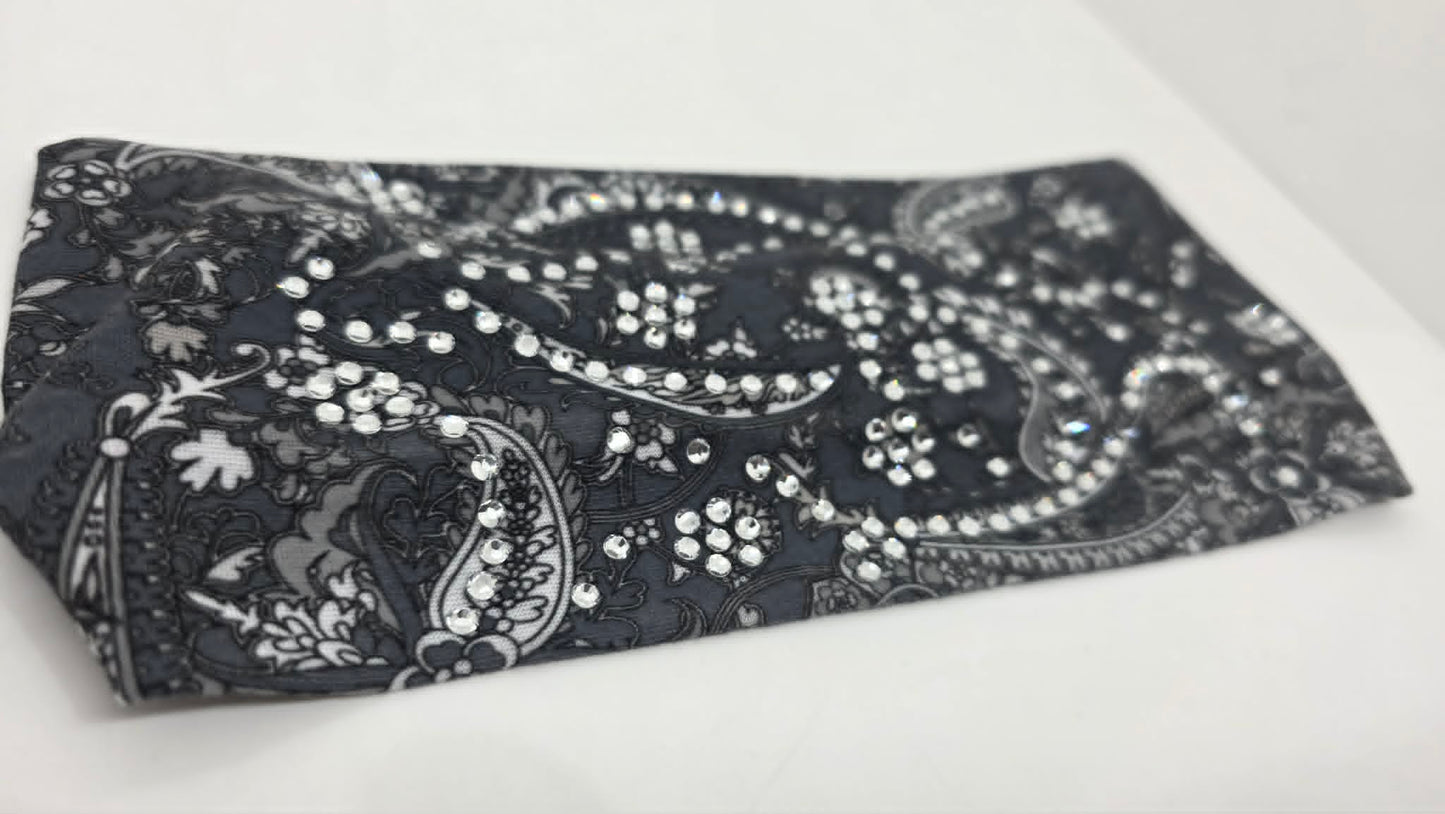 Stretchy Headband Grey Paisley with Clear Crystals (Sku5478)