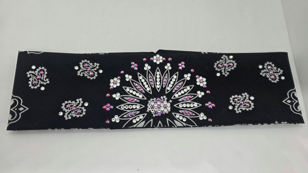 Black Paisley Bandana with Fuchsia Shimmer and Clear Austrian Crystals (E60172)