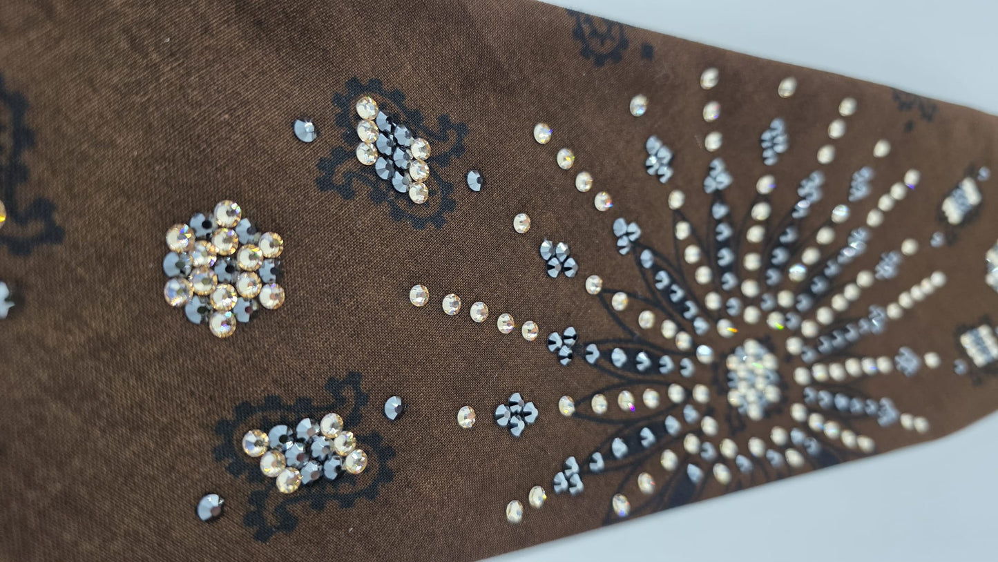 LeeAnnette Large Brown Paisley Bandana with Honey and Black Austrian Crystals (sku40116)
