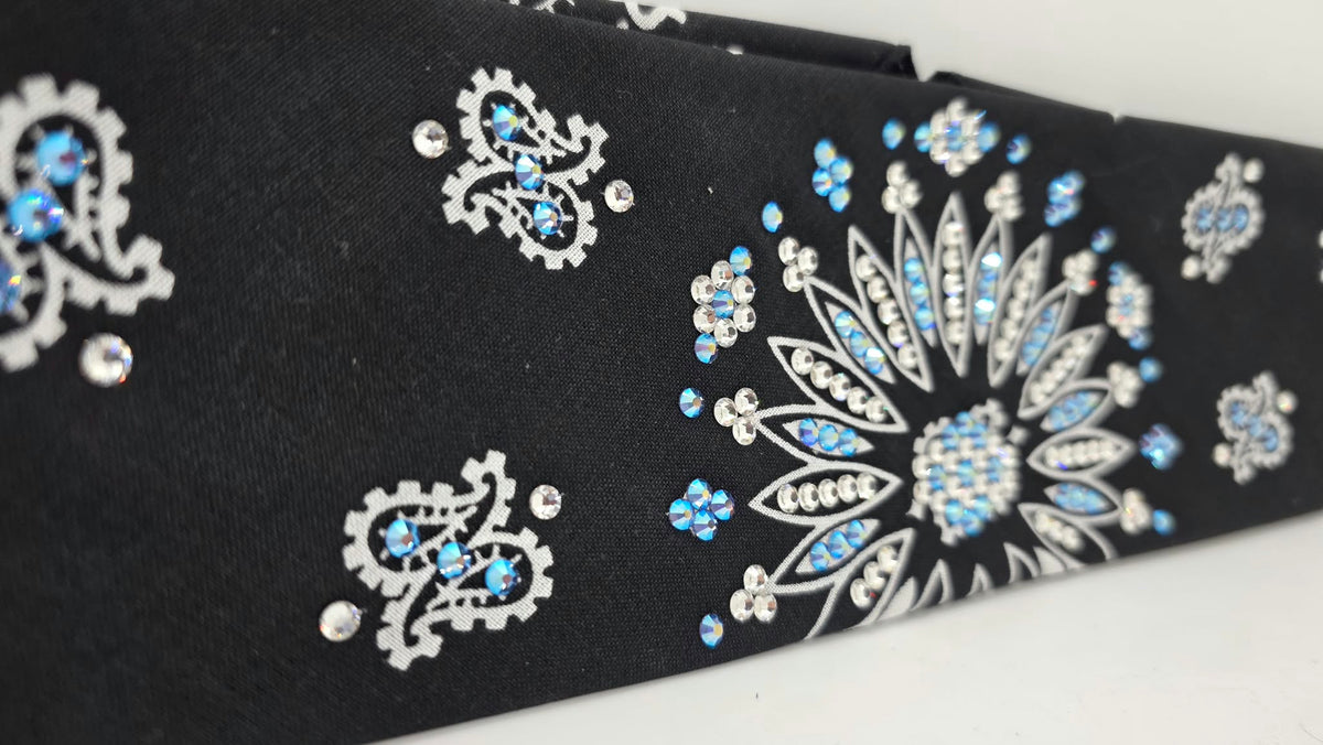 Black Paisley Bandana with Blue Shimmer and Diamond Clear Austrian Crystals (E60169)
