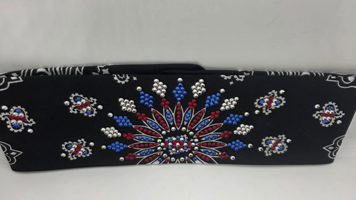 LeeAnnette Black Paisley Bandana with Red, Blue and Diamond Clear Austrian Crystals (L40261)