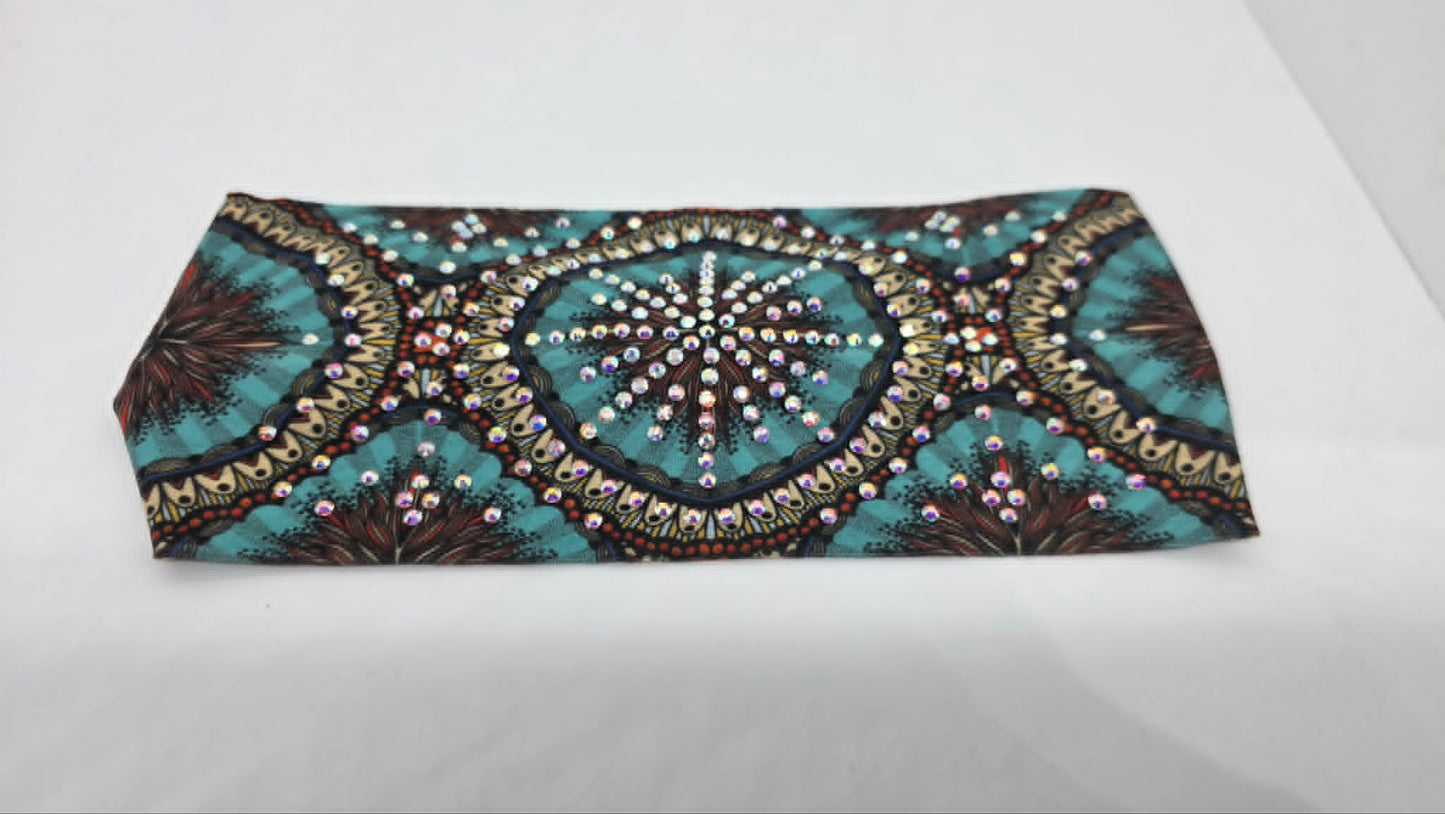 Stretchy Headband Sea Green Medallion with Aurora Borealis Crystals (Sku5473)