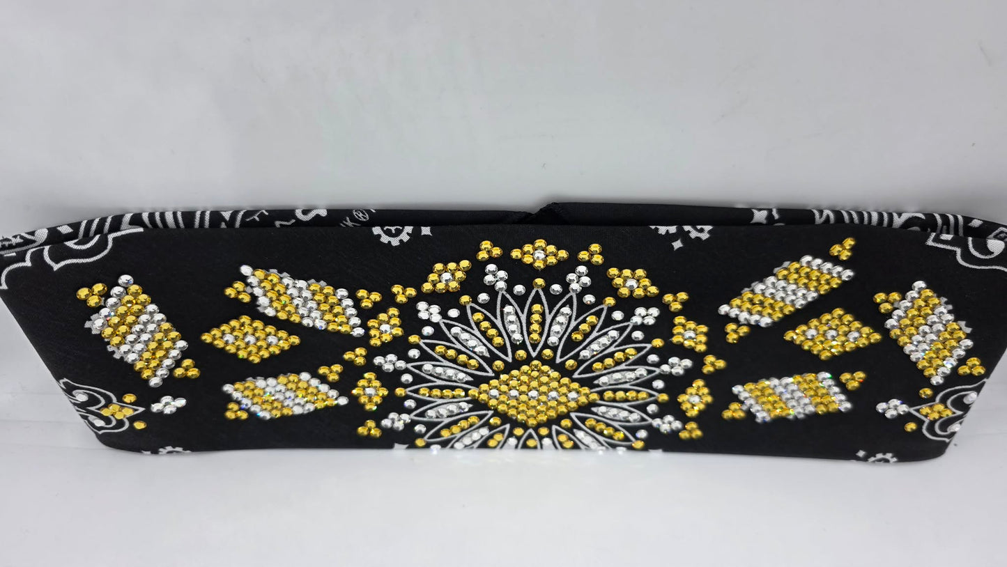 Super LeeAnnette Black Paisley Bandana with Golden Yellow and Diamond Clear Austrian Crystals (S48121)