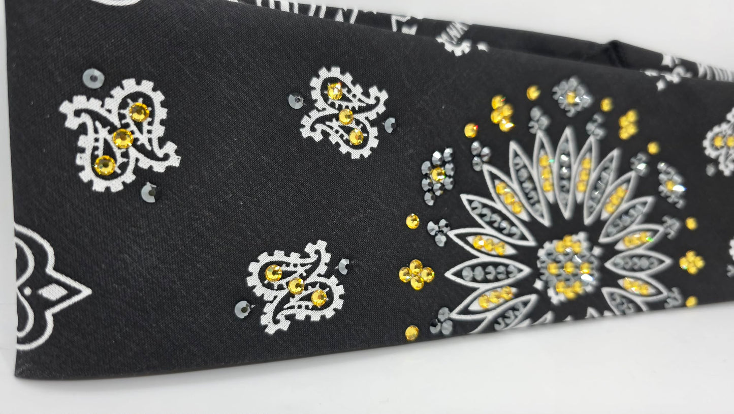 EXTRA BLING -Black Paisley Bandana with Golden Yellow and Black Austrian Crystals (E60110)