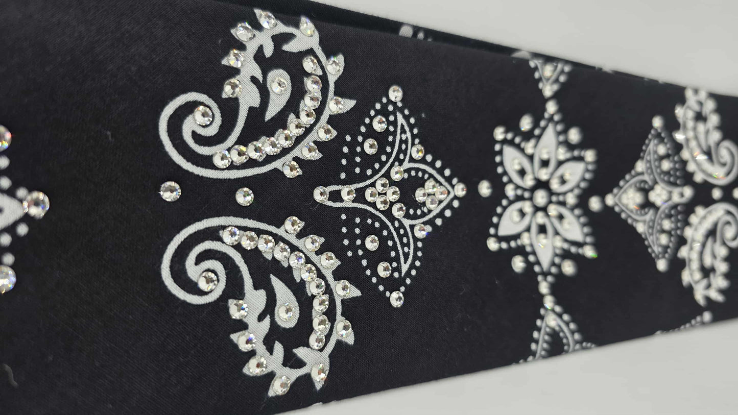 EXTRA BLING - Large Black Flower Bandana with Diamond Clear Austrian Crystals (sku6414)