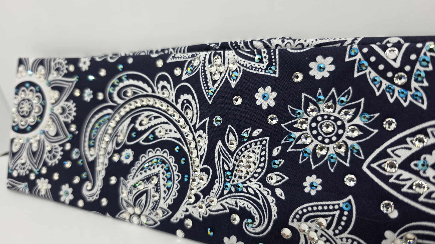 LeeAnnette Fancy Blue Paisley Bandana with Black Shimmer and Diamond Clear Austrian Crystals (sku40128)