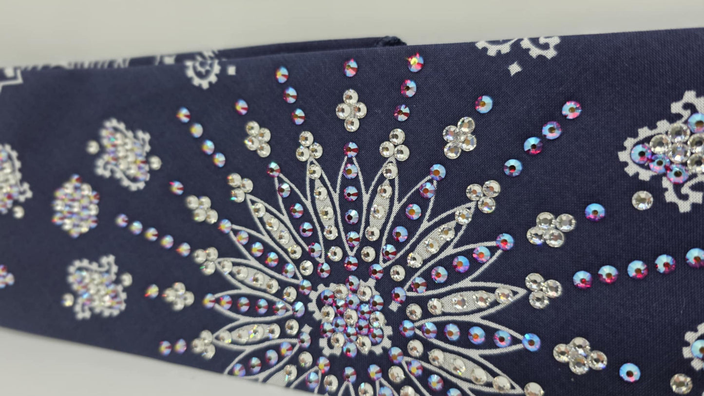 LeeAnnette Navy Paisley Bandana with Red Shimmer and Diamond Clear Austrian Crystals (sku40093)