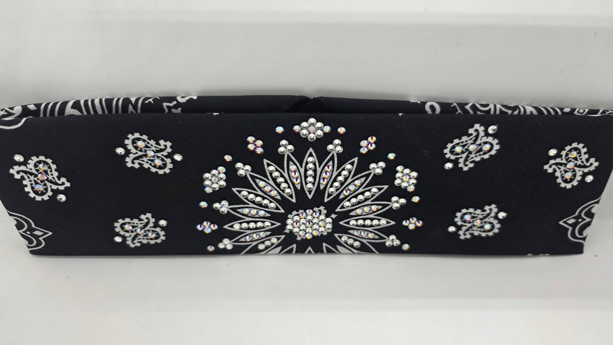 Black Paisley Bandana with Fuchsia Shimmer and Clear Austrian Crystals (E60172)