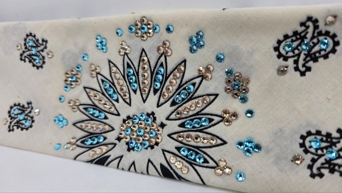 Off White Paisley Bandana with Aqua and Honey Austrian Crystals (E60147)