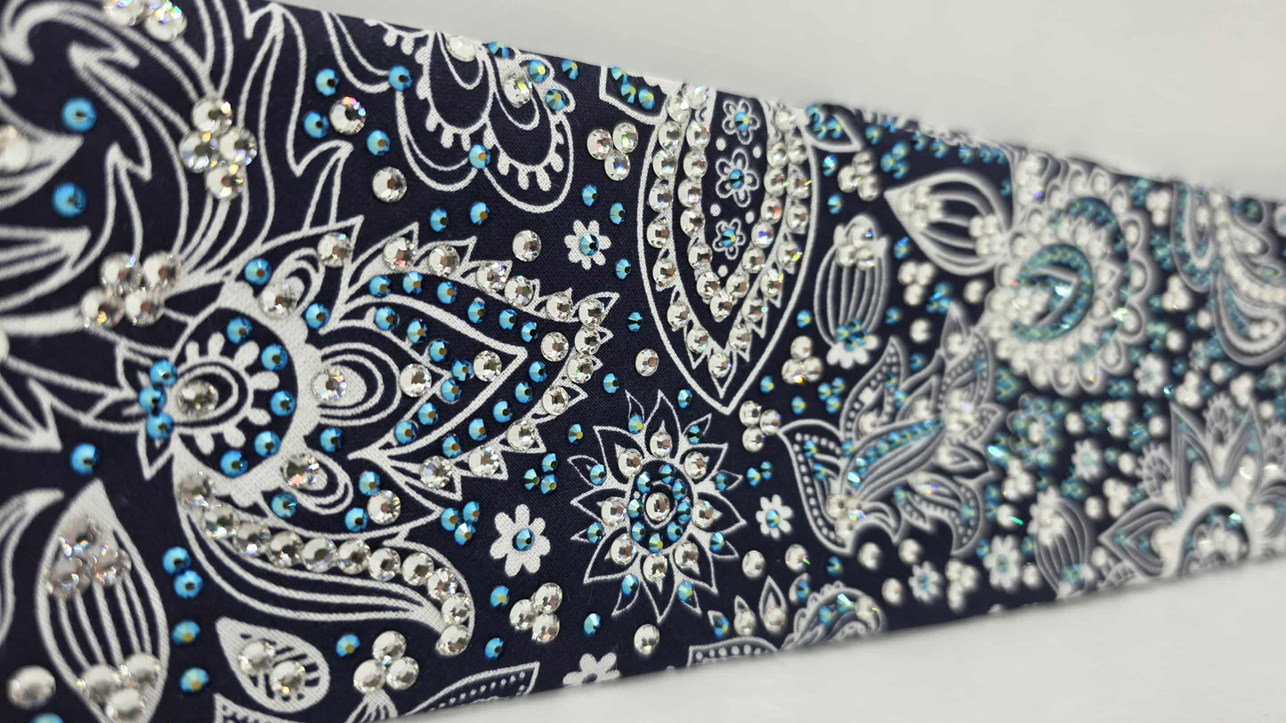 Super LeeAnnette Fancy Blue Paisley Bandana with Black Shimmer and Diamond Clear Austrian Crystals (sku40129)