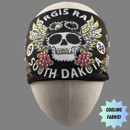 Stretchy Headband Sturgis Skull and Wings with Aurora Borealis Crystals (Sku5497)
