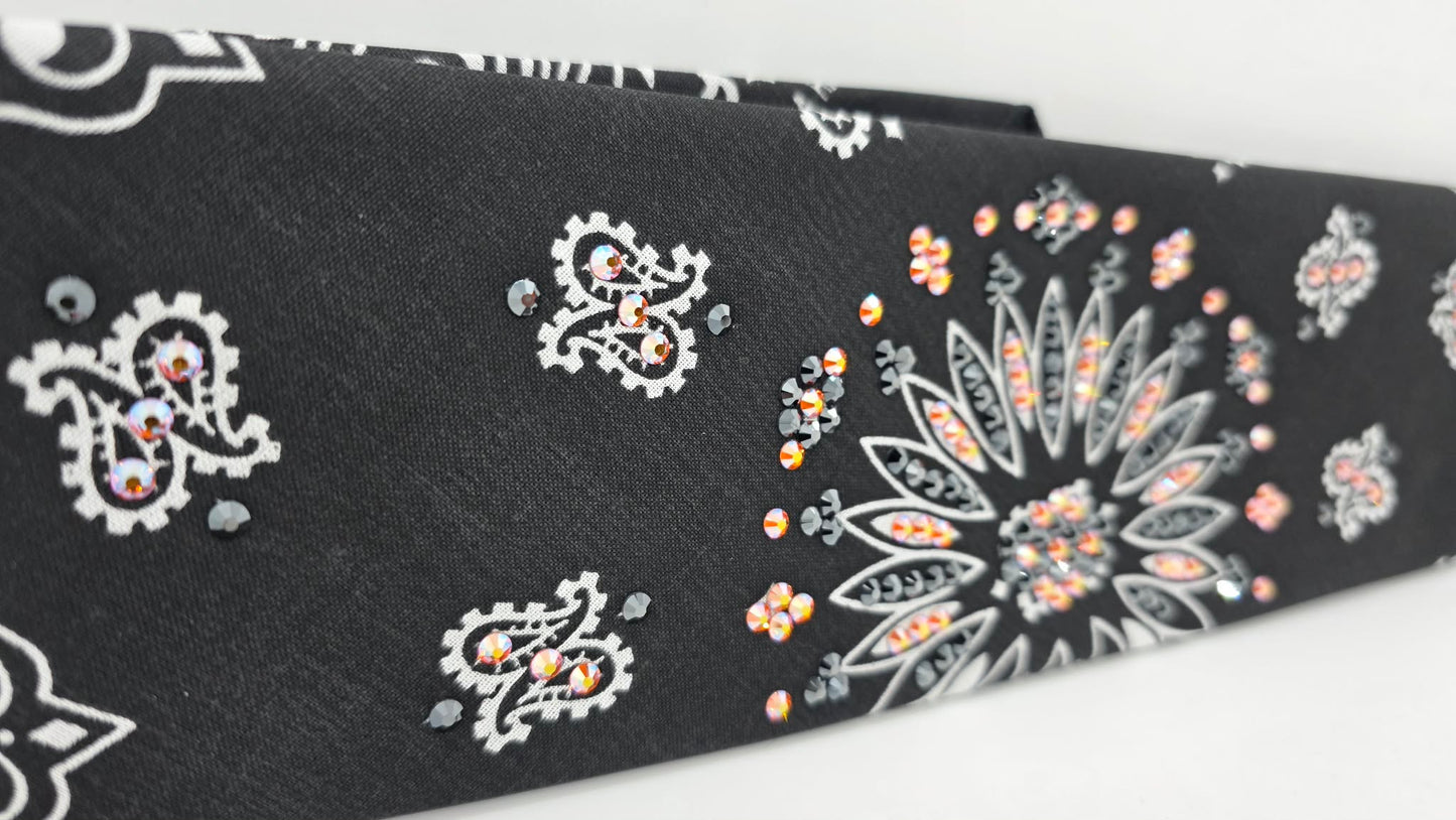 Black Paisley Bandana with Orange Shimmer and Black Austrian Crystals (E60104)