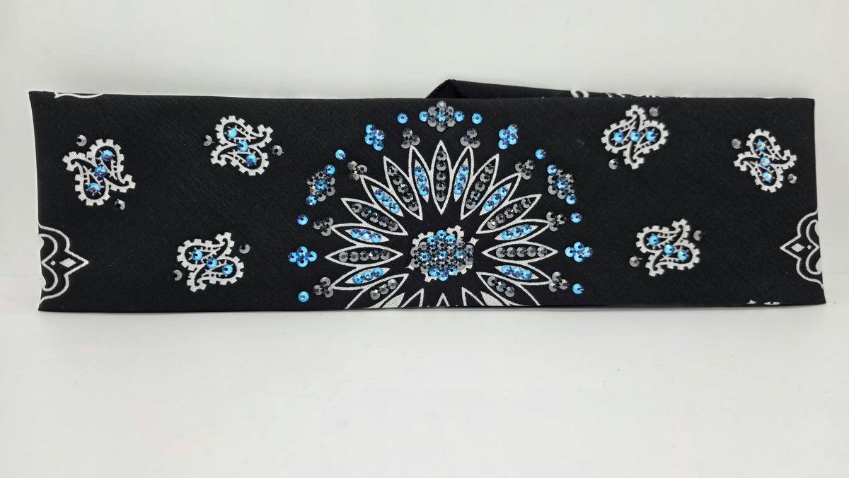 Black Paisley Bandana with Blue Shimmer and Black Austrian Crystals (E60170)
