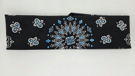 Black Paisley Bandana with Blue Shimmer and Black Austrian Crystals (E60170)