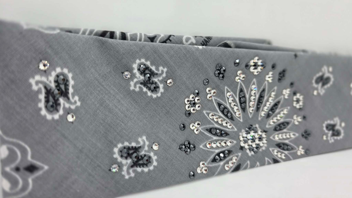 Silver Paisley Bandana with Black and Diamond Clear Austrian Crystals (E60166)