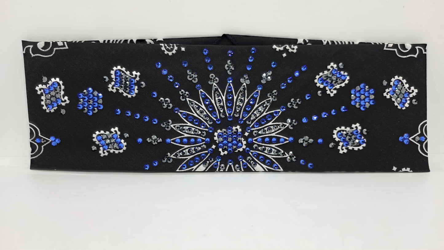 LeeAnnette Black Paisley Bandana with Blue and Black Austrian Crystals (sku40156)