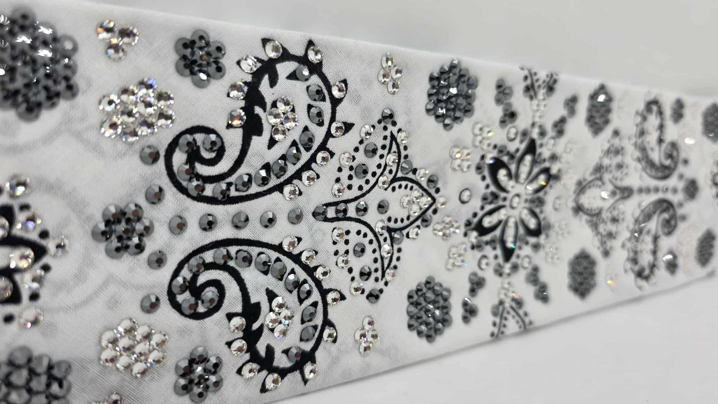 Super LeeAnnette White Black Flower Bandana with Black and Diamond Clear Austrian Crystals (sku40106)