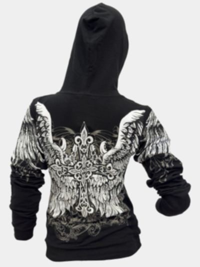 Black Hooded Jacket with Cross and wings, Available in regular and Plus sizes