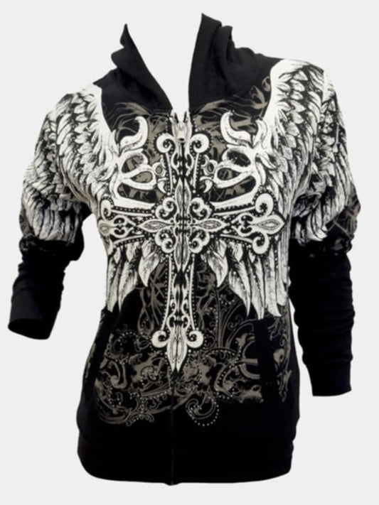 Black Hooded Jacket with Cross and wings, Available in regular and Plus sizes