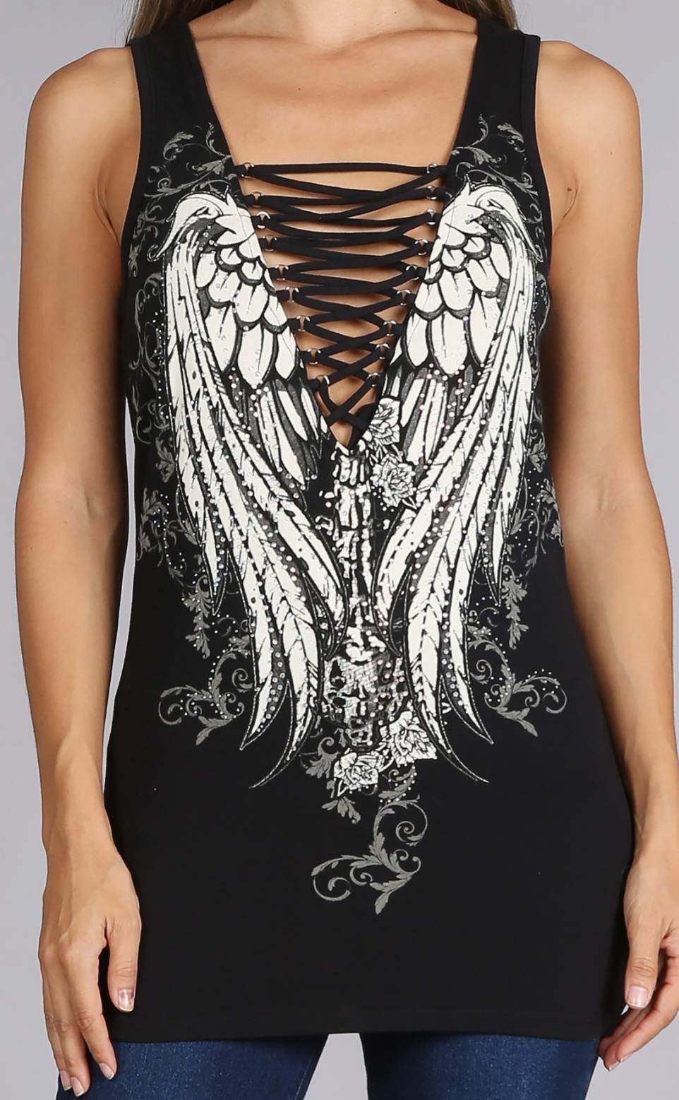 Spine Angel Wings on a eyelet V-neck Tank Top