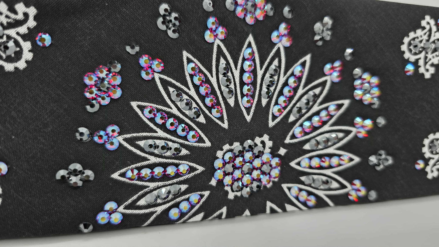EXTRA BLING - Black Paisley Bandana with Red Shimmer and Black Austrian Crystals (sku6423)