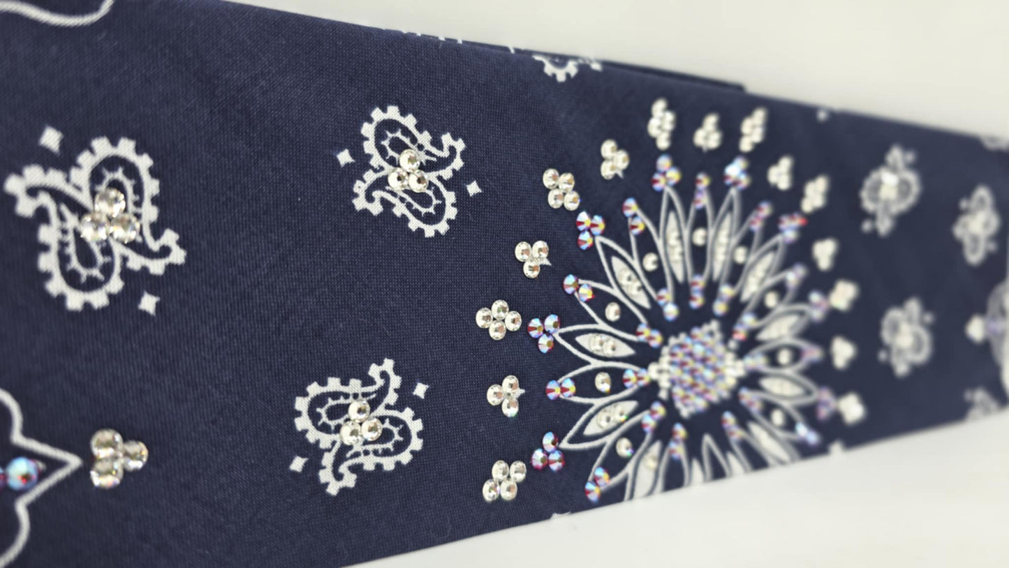 EXTRA BLING - Navy Paisley Bandana with Red Shimmer and Diamond Clear Austrian Crystals (sku6393)