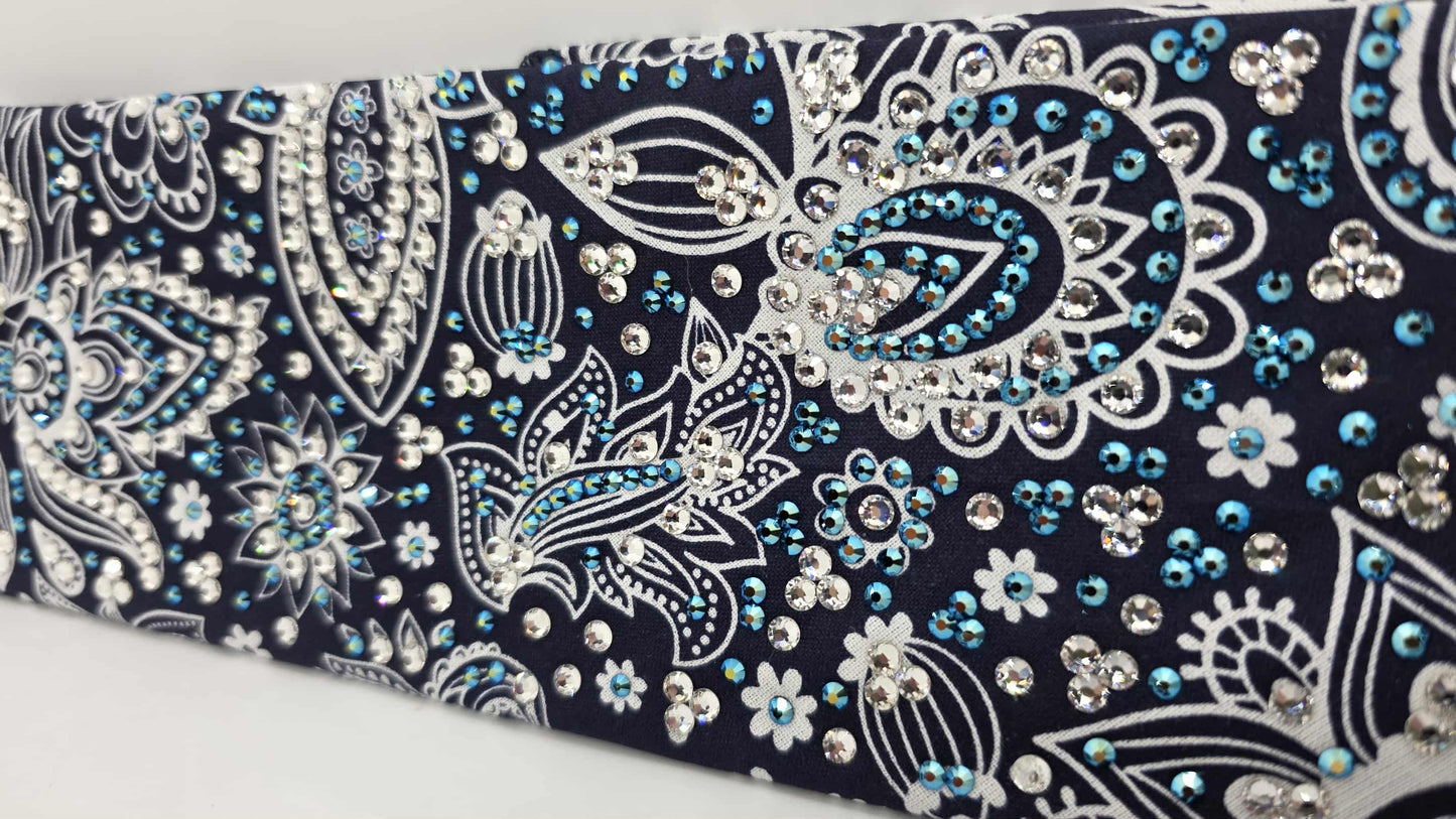 Super LeeAnnette Fancy Blue Paisley Bandana with Black Shimmer and Diamond Clear Austrian Crystals (sku40129)
