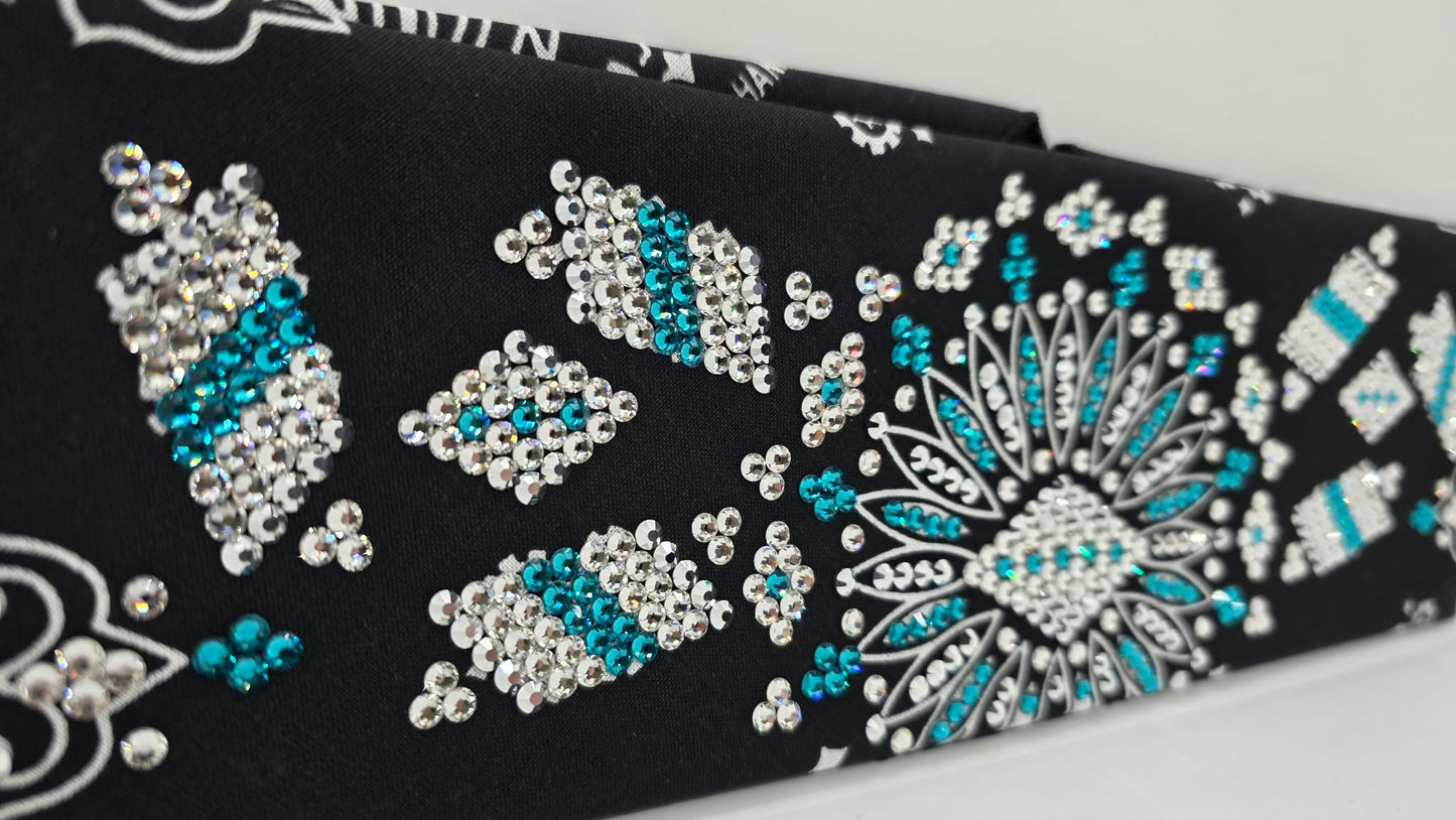 Super LeeAnnette Black Paisley Bandana with Chrome, Bright Blue and Diamond Clear Austrian Crystals (S48114)