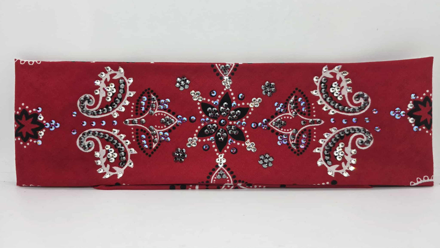 LeeAnnette Large Red Flower Bandana with Red Shimmer, Black and Diamond Clear Austrian Crystals (sku40102)