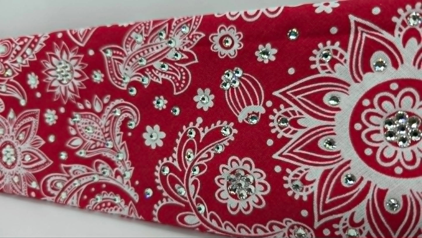 White on Red Bandana with Diamond Clear Austrian Crystals (E60136)
