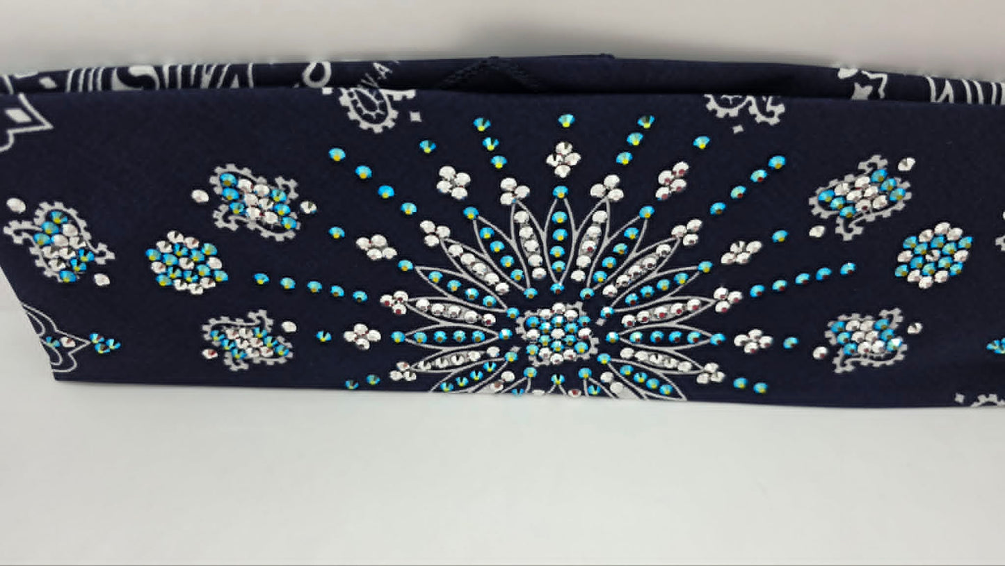 LeeAnnette Navy Blue Paisley Bandana with Jet Shimmer and Chrome Austrian Crystals (L40250)