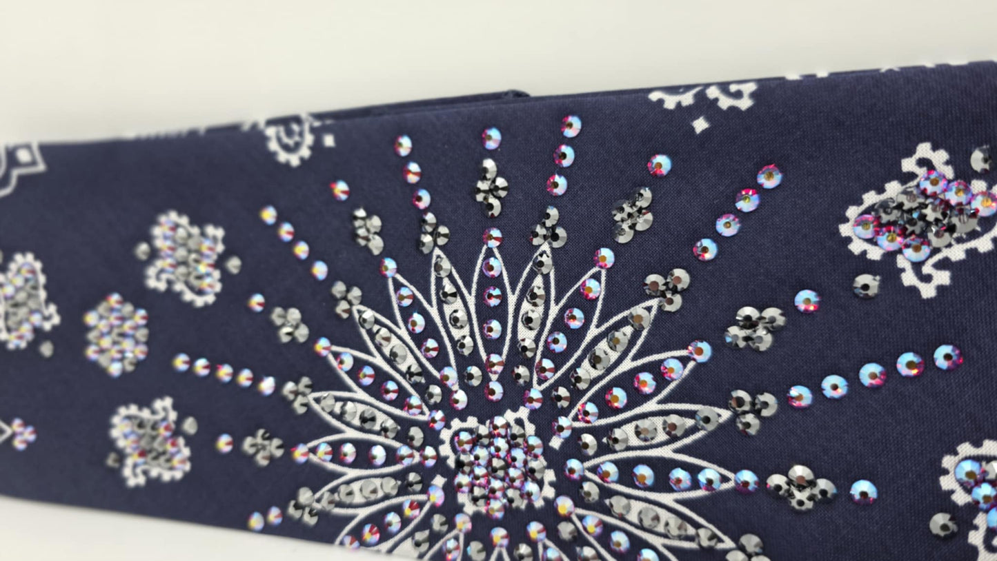 LeeAnnette Navy Paisley Bandana with Red Shimmer and Black Austrian Crystals (sku40094)