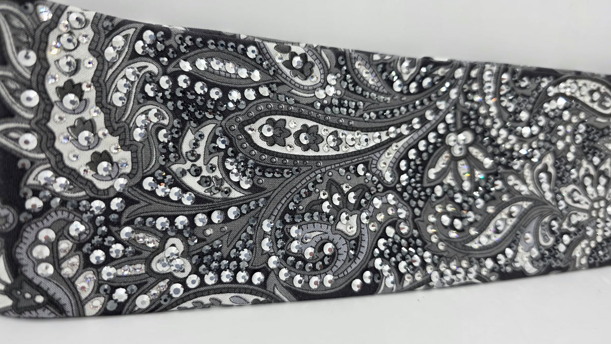 Super Duper LeeAnnette Large Black and White Paisley Bandana with Black and Diamond Clear Austrian Crystals (D49514)
