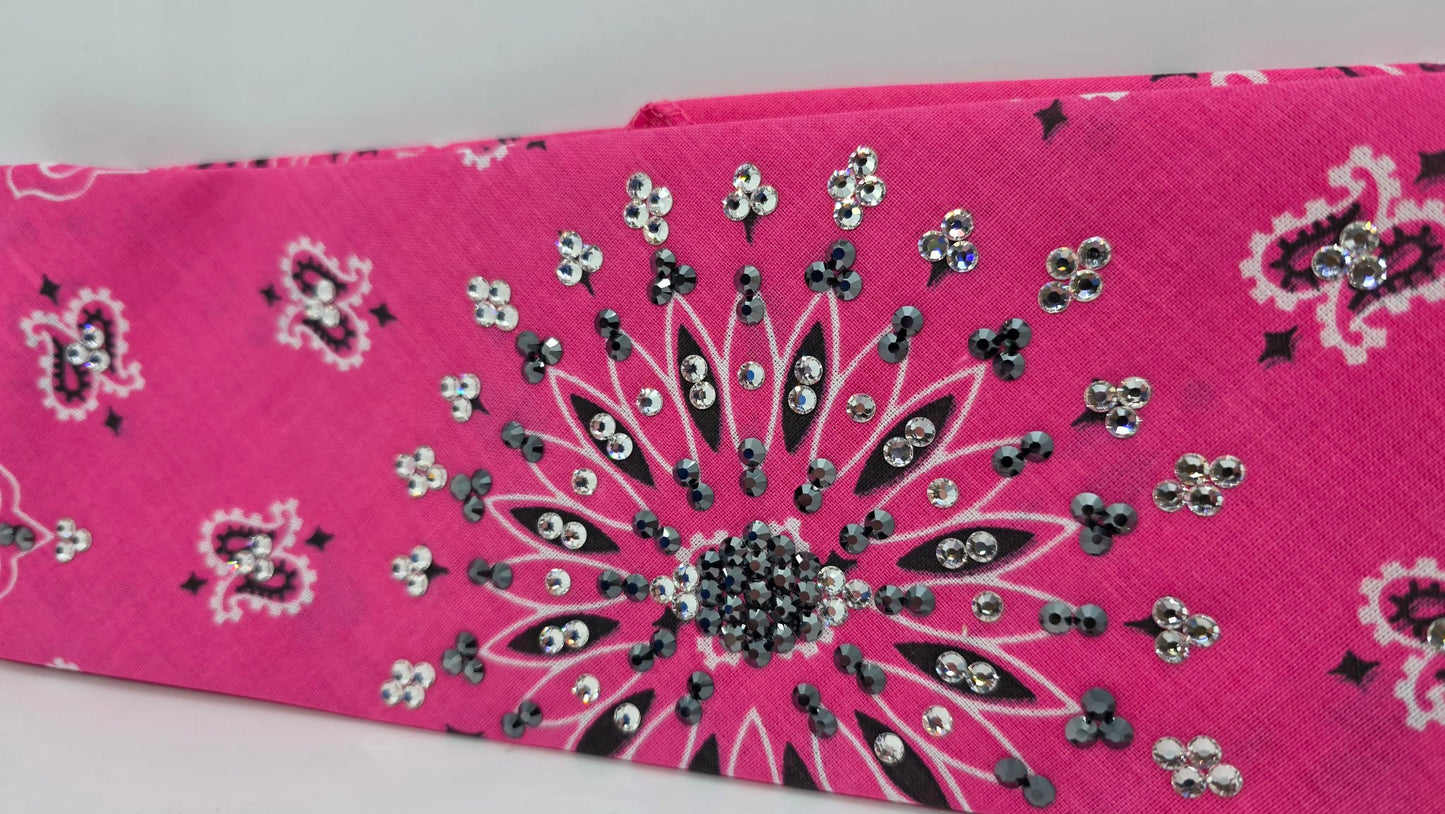 Pink Paisley Bandana with Black and Diamond Clear Austrian Crystals (E60132)