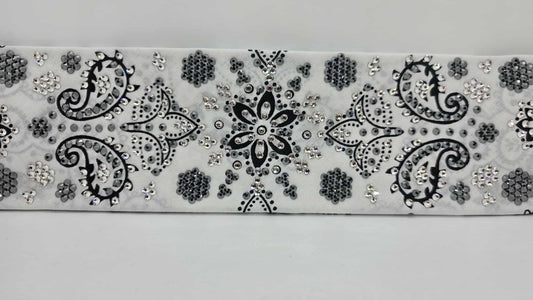 Super LeeAnnette White Black Flower Bandana with Black and Diamond Clear Austrian Crystals (sku40106)