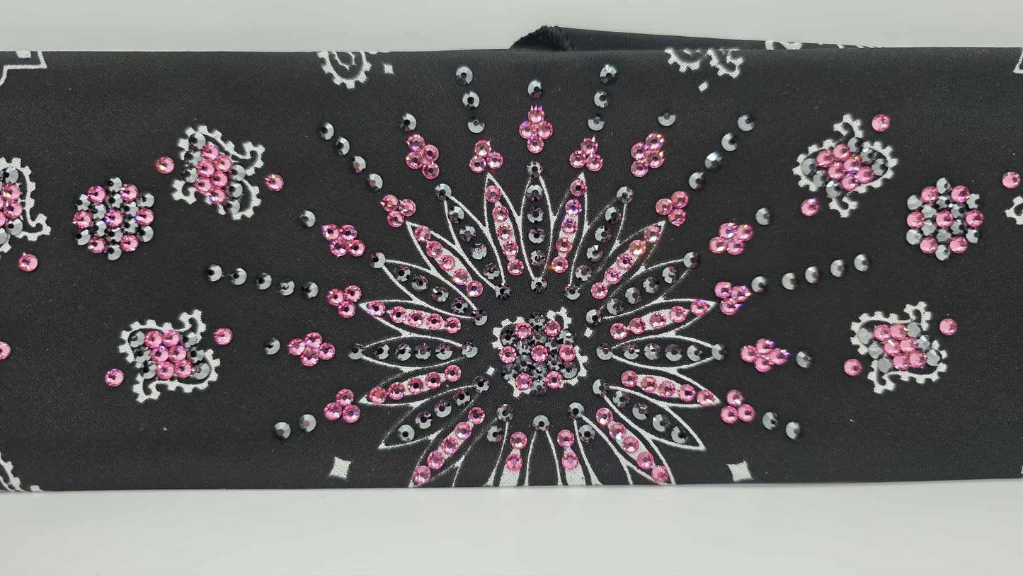 LeeAnnette Black Paisley Bandana with Rose and Black Austrian Crystals (sku40109)