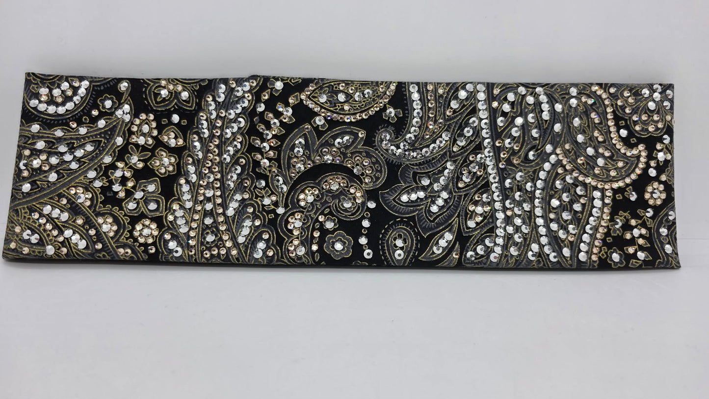 Super LeeAnnette Grey and Gold Paisley on Black Bandana with Chrome and Honey Austrian Crystals (S48127)